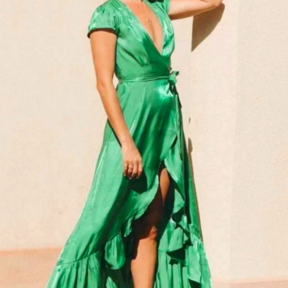 XIX Palms Honolulu Dark Green Irradecent Deer Valley Wrap Cascade Maxi Dress